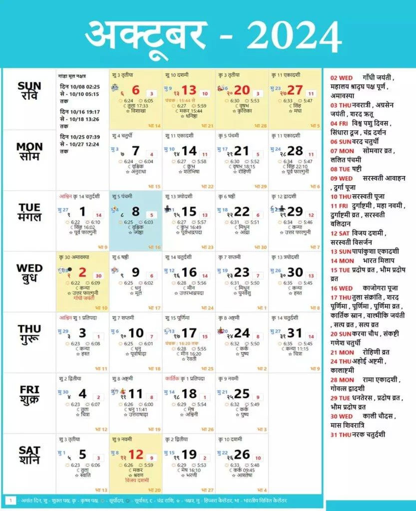 Hindu Calendar 2024 October