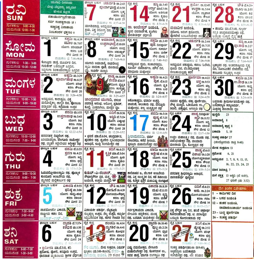 Kannada Calendar 2024 April
