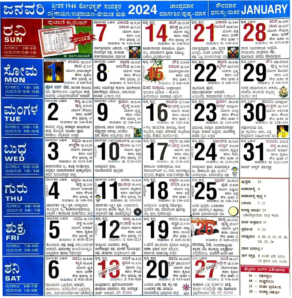 Kannada Calendar 2024 January