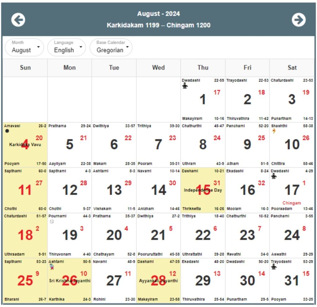 Malayalam Calendar 2024 August
