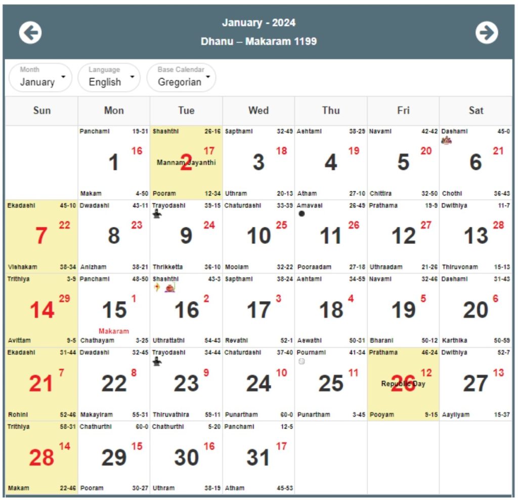Malayalam Calendar 2024 January