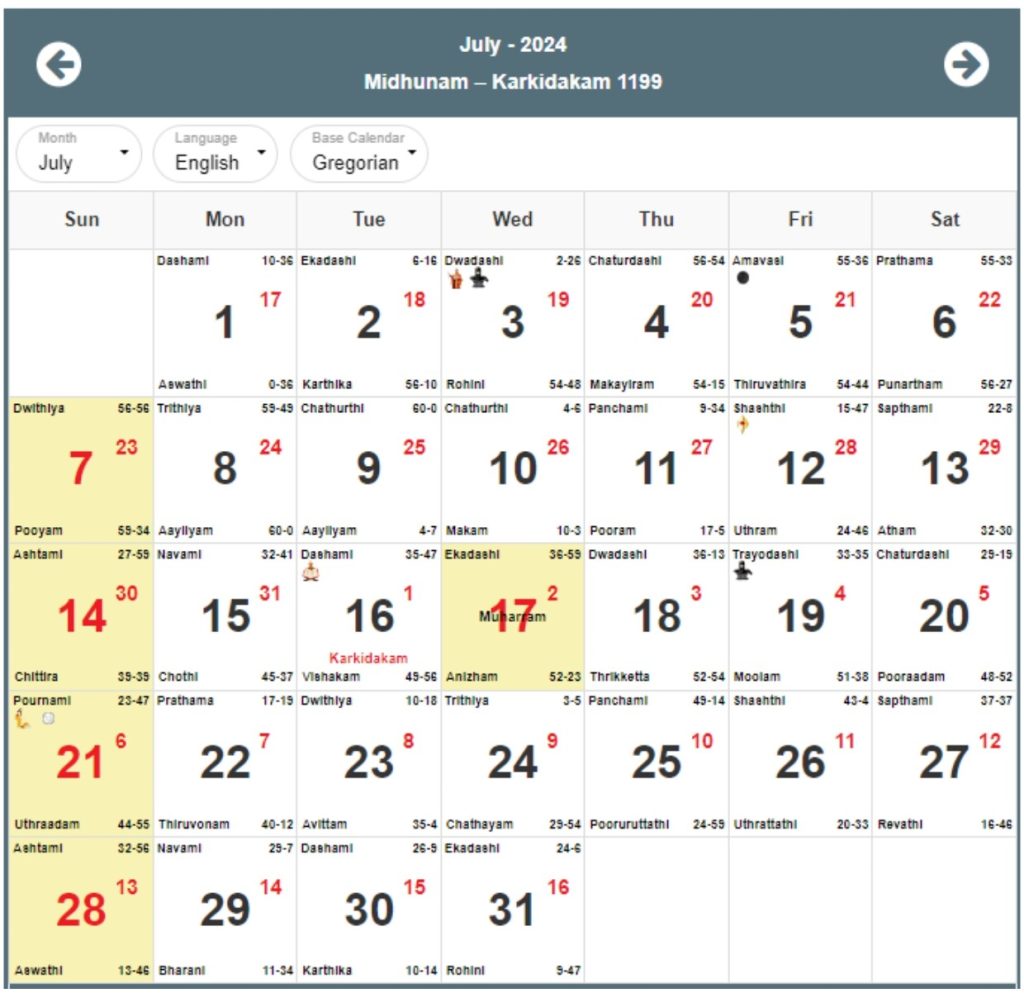 Malayalam Calendar 2024 July