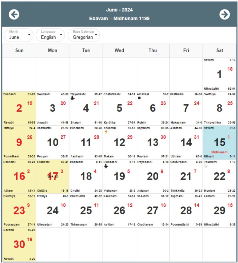 Malayalam Calendar 2024 June
