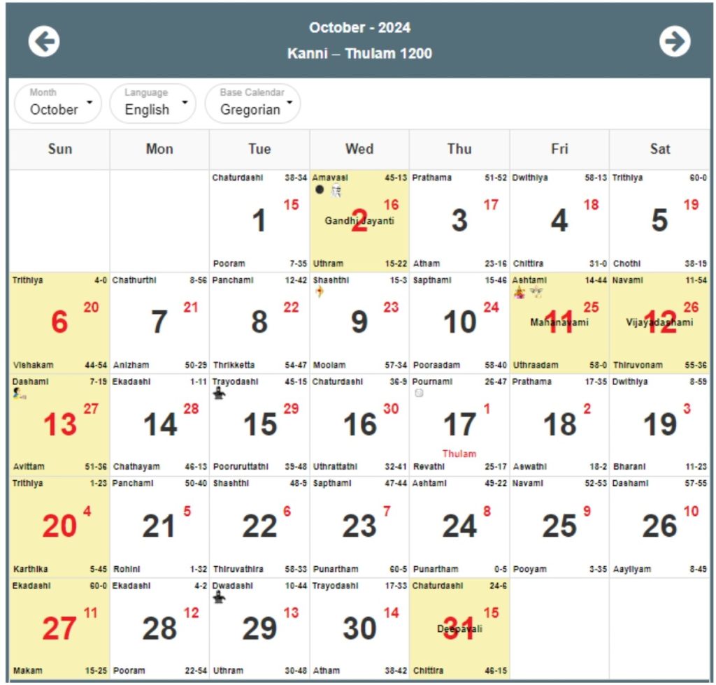 Malayalam Calendar 2024 October