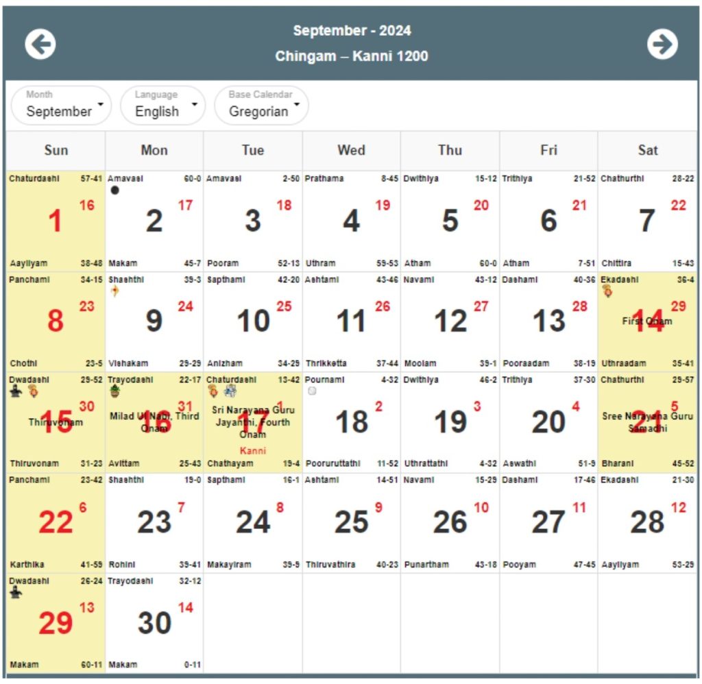 Malayalam Calendar 2024 September