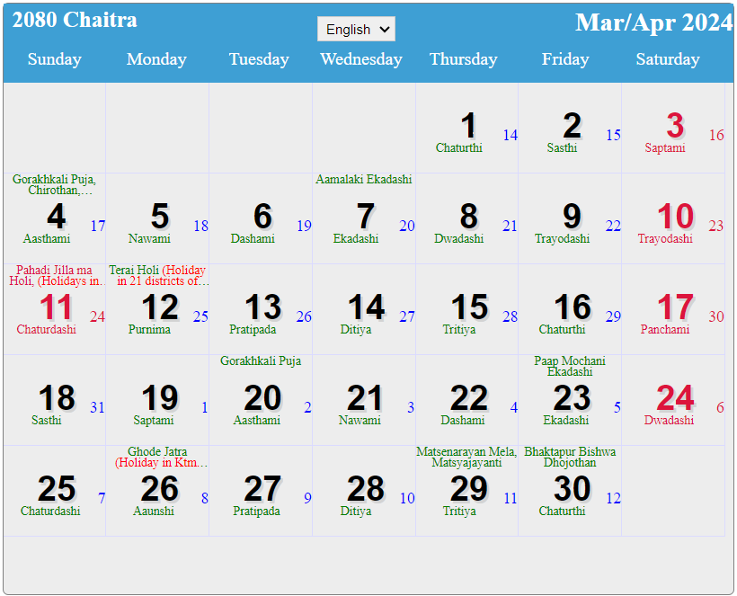 Nepali Calendar March to April 2024