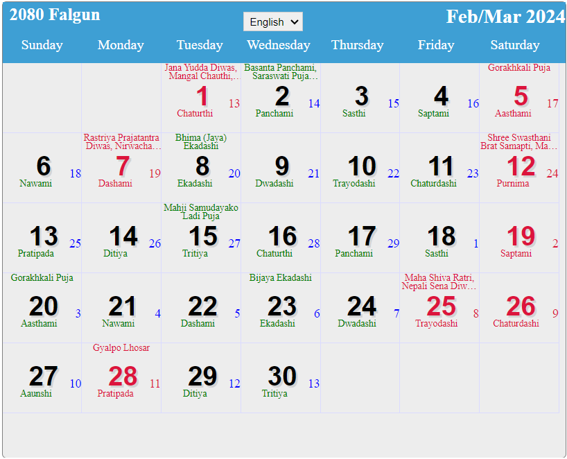 Nepali Calendar February to March 2024