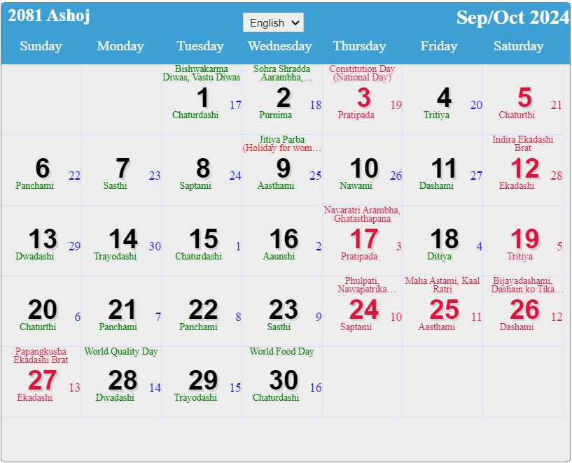 Nepali Calendar September to October 2024