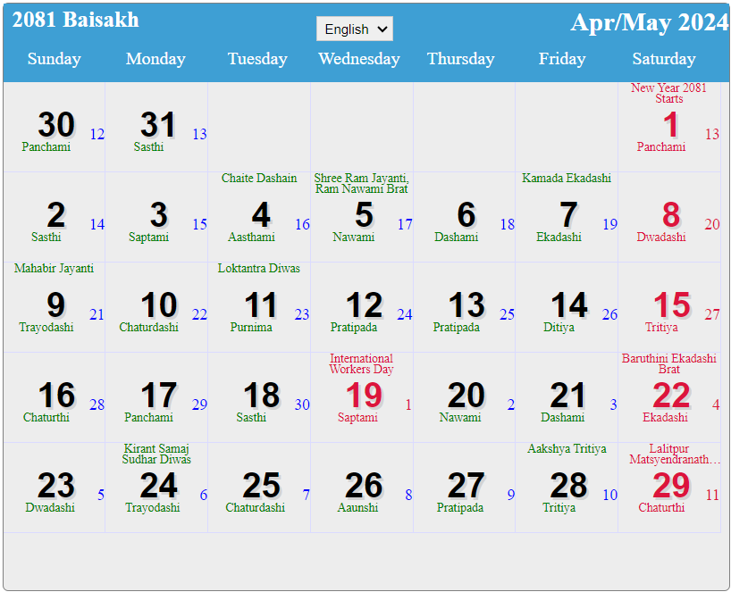 Nepali Calendar April to May 2024