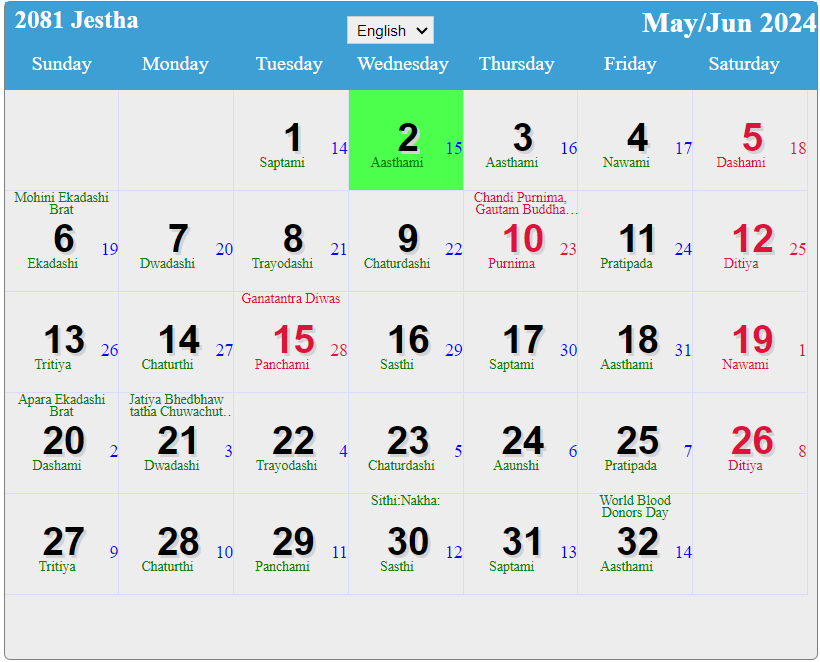 Nepali Calendar May to June 2024