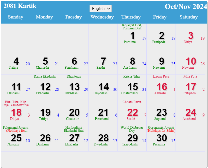 Nepali Calendar October to November 2024 