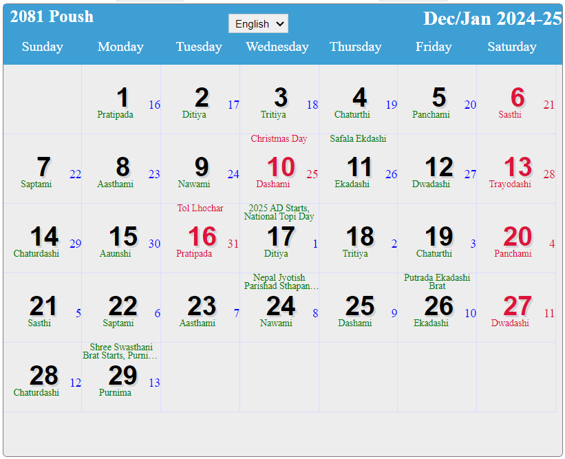 Nepali Calendar December 2024 - January 2025