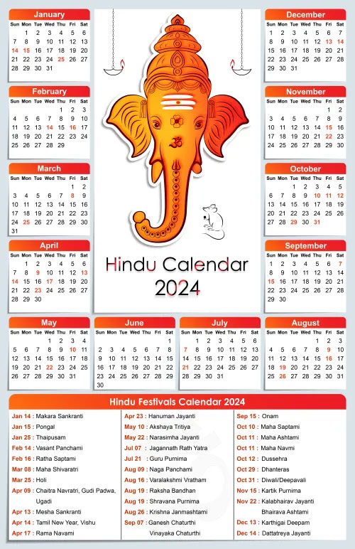 Indian Calendar 2024 with Holidays and Festivals List