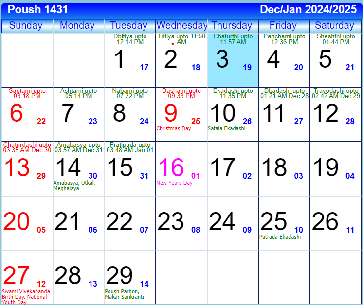Bengali Calendar January 2025 | Bangla Calendar Poush 1431