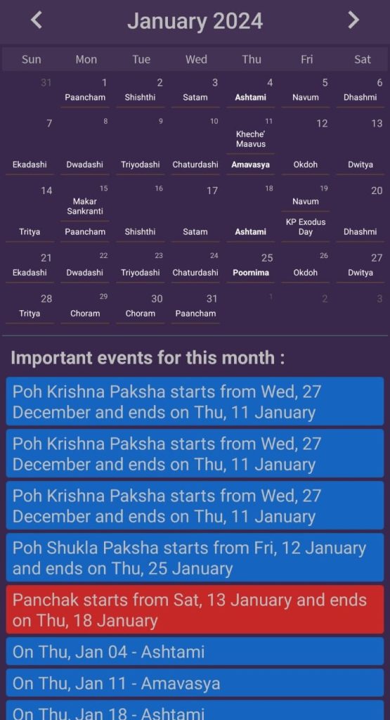Kashmiri Koshur Calendar 2024 January