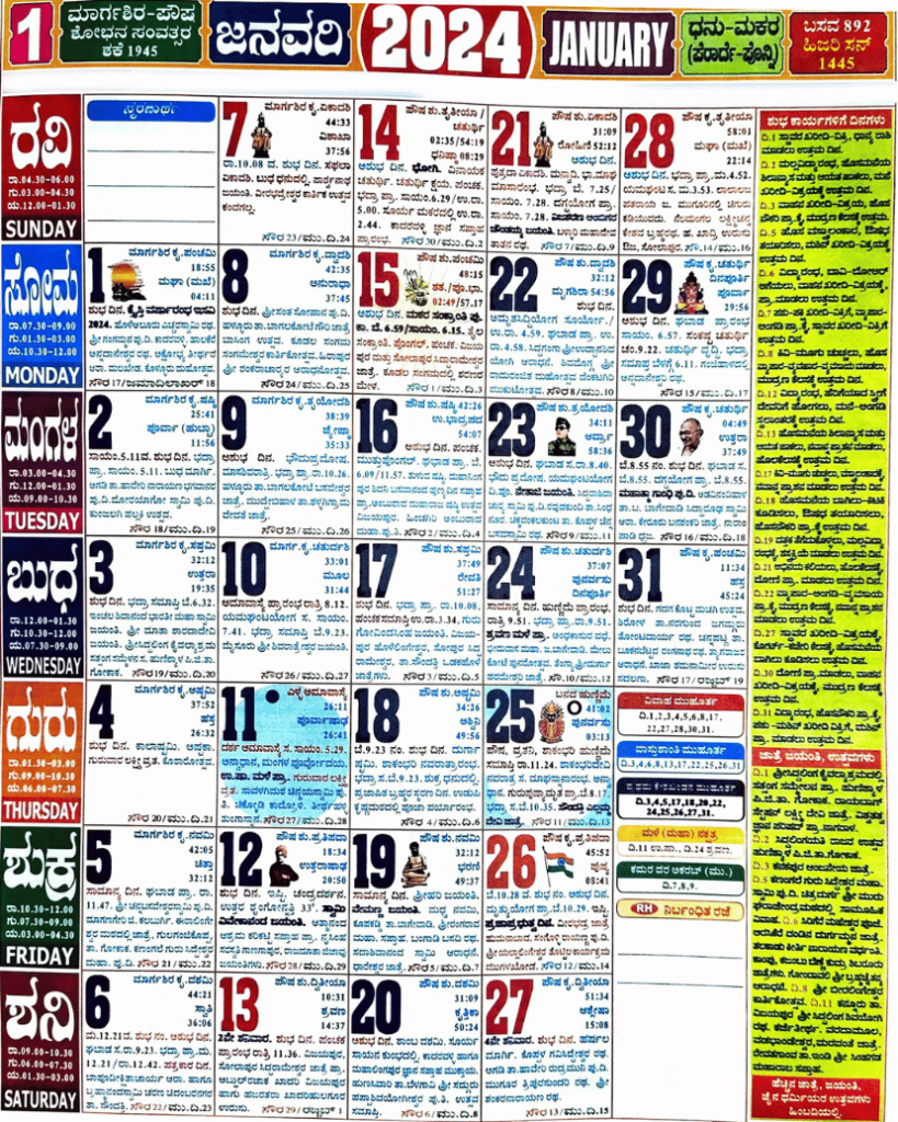 Mahalaxmi Kannada Calendar 2024 January